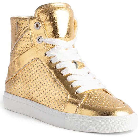 Zadig & Voltaire Flash Metallic Leather High Top Sneaker in Gold - Picture 1 of 8